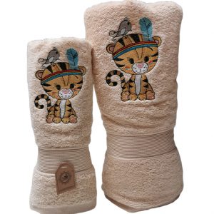 Toallas Beige Mano y Baño con diseño de Tigre